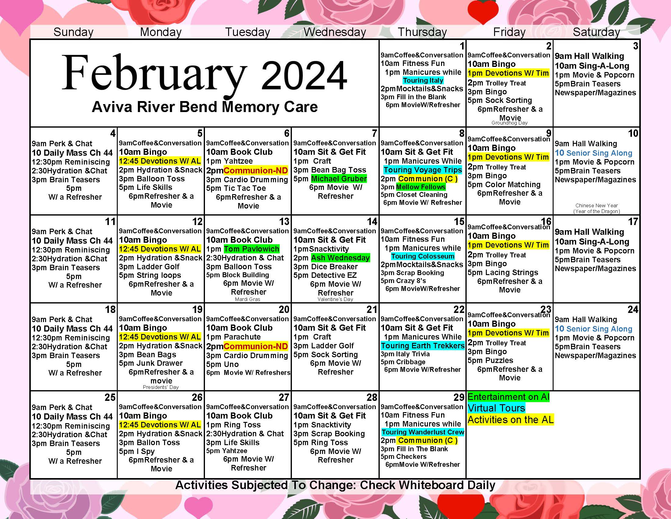 Aviva River Bend Memory Care February 2024 Event Calendar