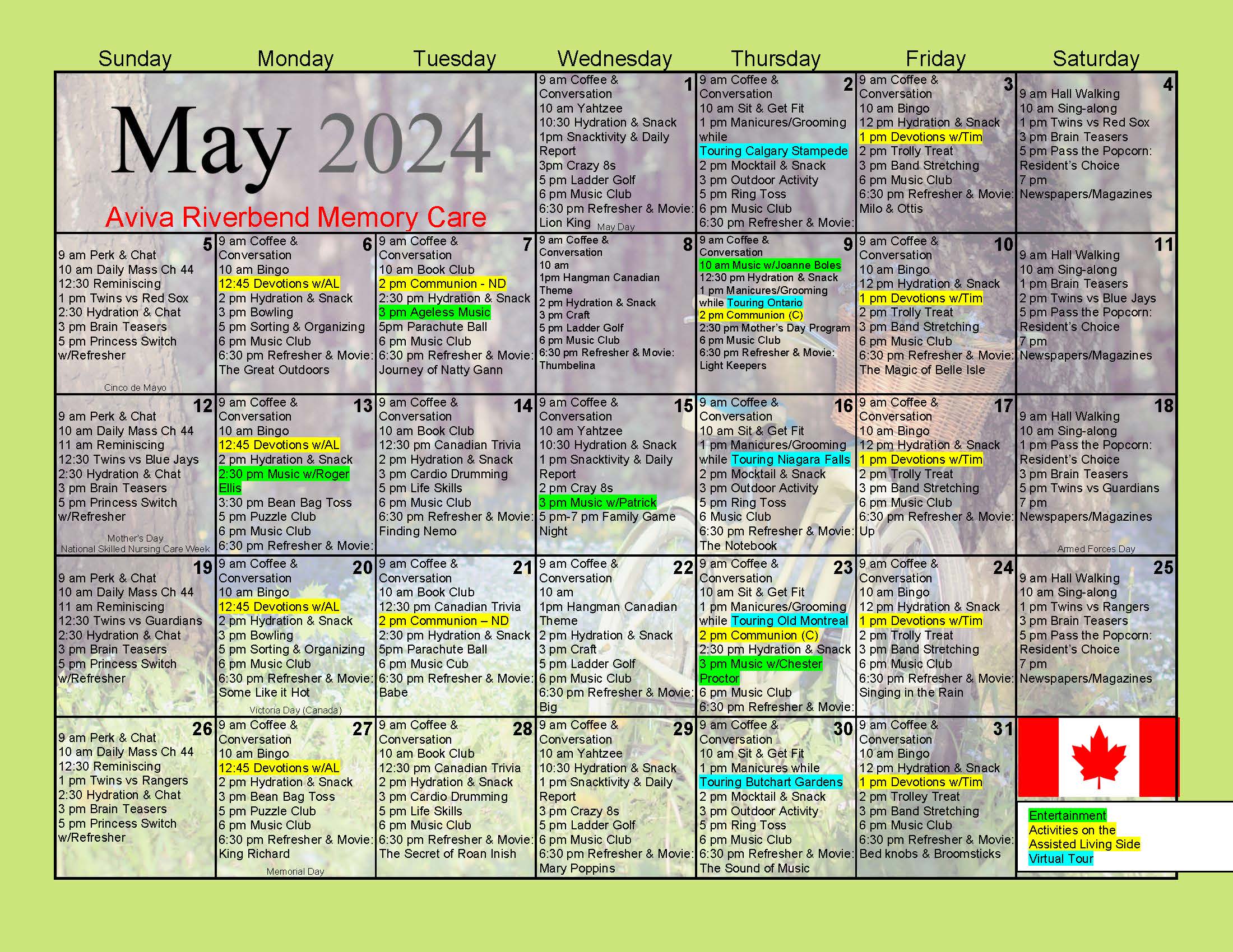 Aviva River Bend Memory Care May 2024 Event Calendar
