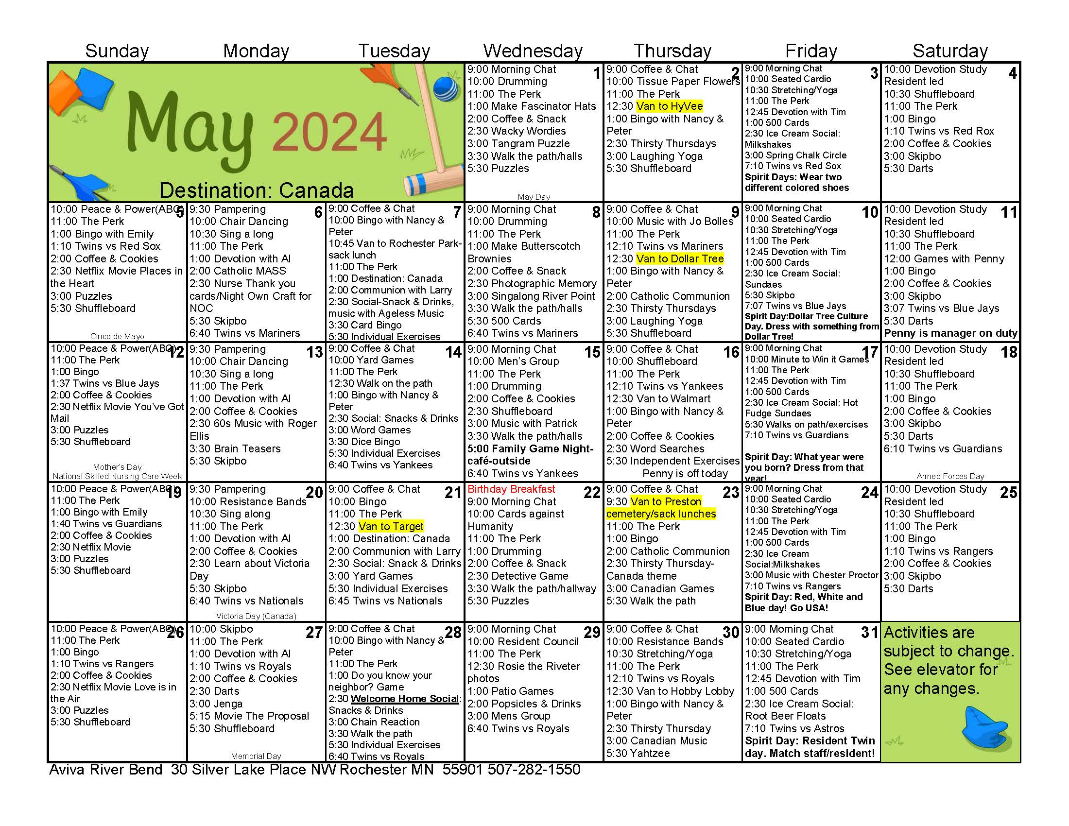 Aviva River Bend Assisted Living May 2024 Event Calendar